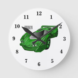Green sports car with airfoil illustration  round clock