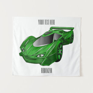 Green sports car with airfoil illustration tapestry