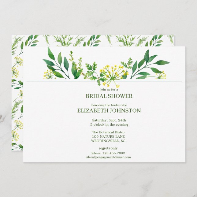 Green Spring Botanical Herbs Bridal Shower Party Invitation (Front/Back)