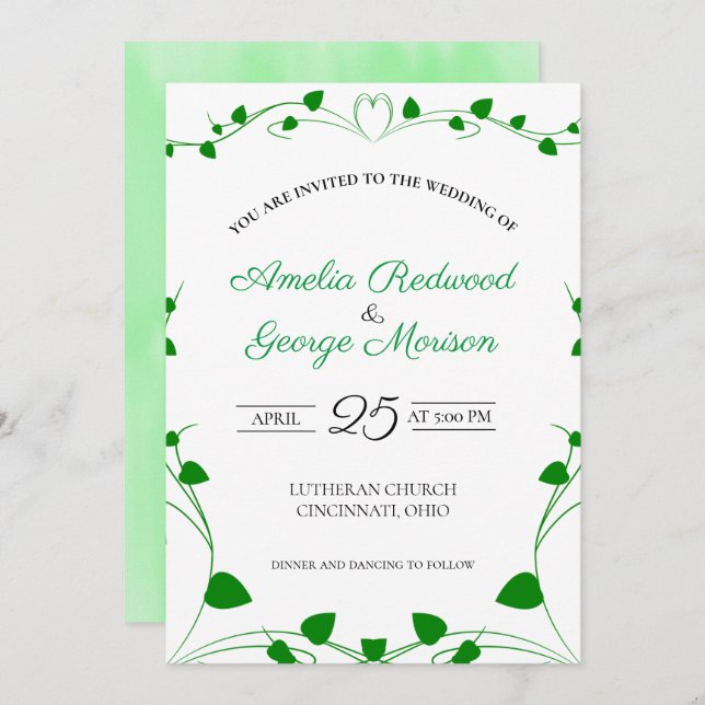 Green Spring Leaves Wedding Invitation (Front/Back)