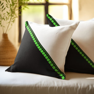Green Squares and Circles on Black and White Throw Pillow