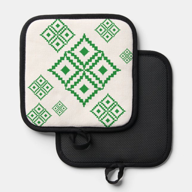 Green squares resembling Thai patterns Pot Holder (Front/Back)