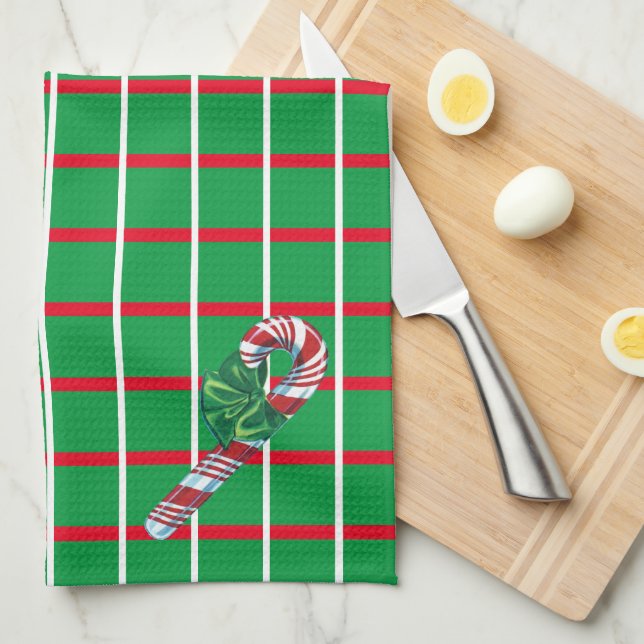 Green Squares W/ Red & White Lines Kitchen Towels (Quarter Fold)