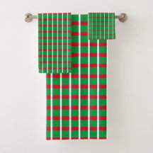 Green Squares With Red & White Lines Bath Towels
