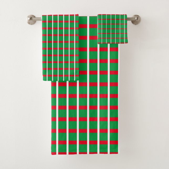 Green Squares With Red & White Lines Bath Towels (Insitu)
