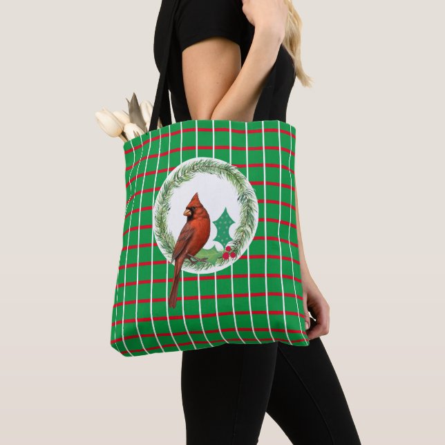 Green Squares With Red & White Lines Tote Bag (Close Up)