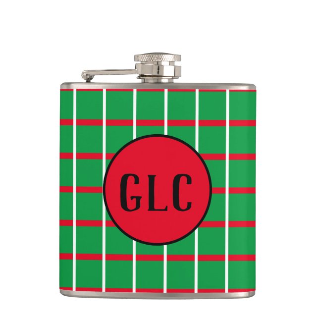 Green Squares With Red & White Lines Wrapped Flask (Front)