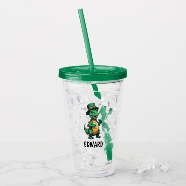 Green St Patrick's day dinosaur Acrylic Tumbler (Front Ice)
