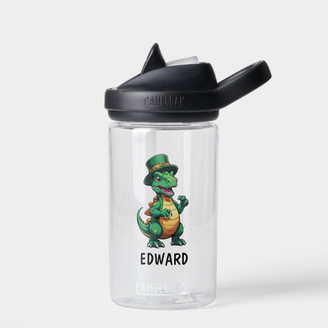 Green St Patrick's day dinosaur Water Bottle (Left)