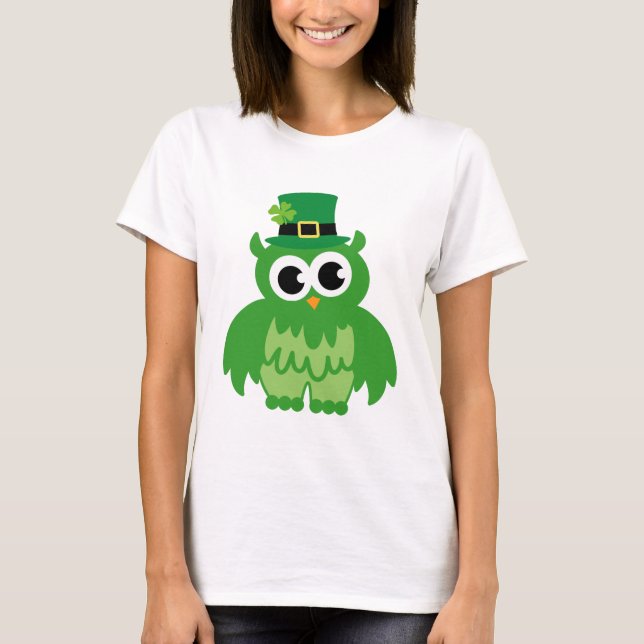 Green St Patricks Day irish owl cartoon tee shirts (Front)