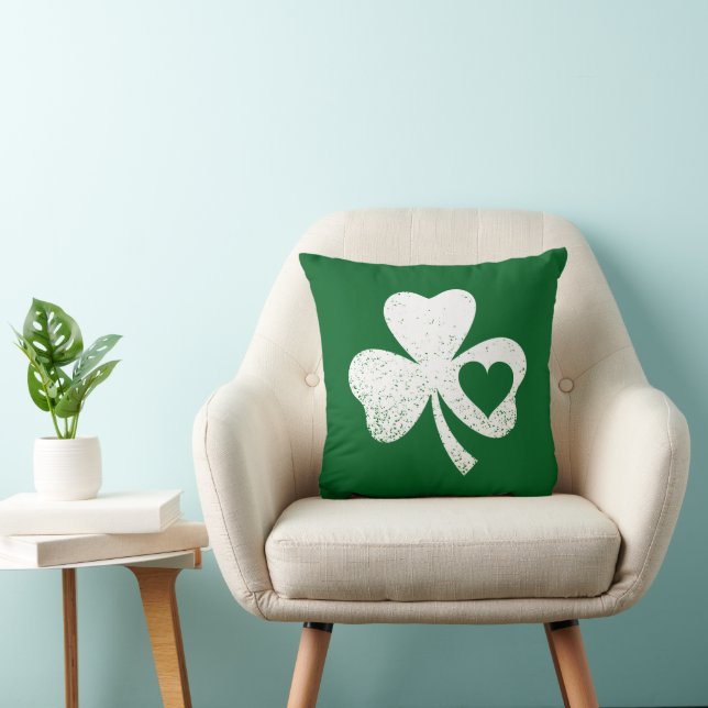 Green St Patricks Day Irish Patty's Heart Shamrock Throw Pillow (Chair)