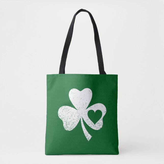 Green St Patricks Day Irish Patty's Heart Shamrock Tote Bag (Front)