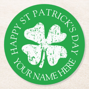 Green St Patrick's Day party coasters with custom