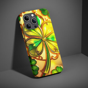 Green St Patricks Day Stained Glass Effect Clover  iPhone 15 Pro Case