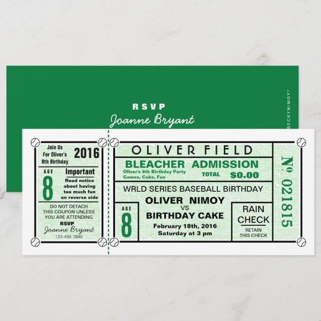 Green Stadium Ticket Baseball Birthday Invitation (Front/Back)