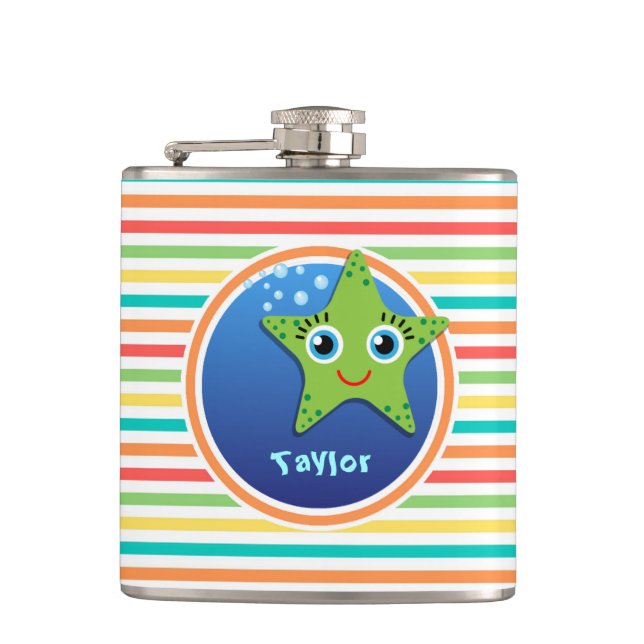 Green Starfish; Bright Rainbow Stripes Hip Flask (Front)