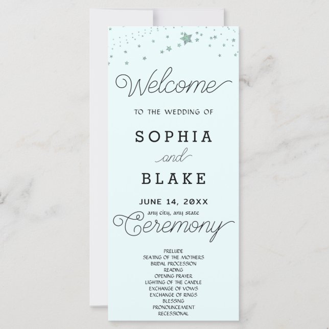 Green Stars Celestial Light Blue Wedding Program (Front)