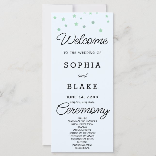 Green Stars Celestial Light Blue Wedding Program (Front)