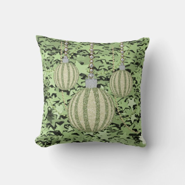 Green Stars &Faux Glitter Christmas Ball Ornaments Throw Pillow (Front)