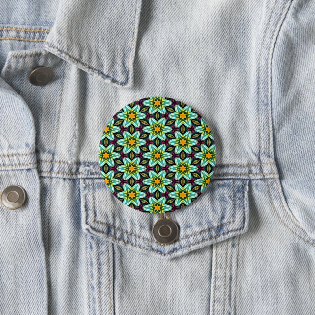 Green Stars Floral Pattern 3 Inch Round Button (In Situ)