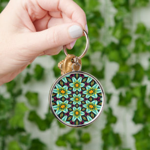 Green Stars Floral Pattern Keychain