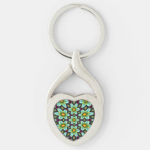 Green Stars Floral Pattern Keychain
