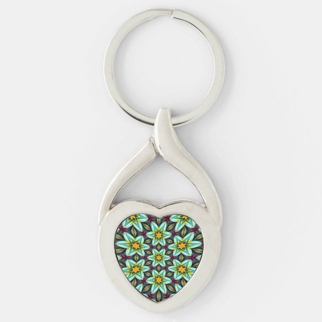 Green Stars Floral Pattern Keychain (Front)