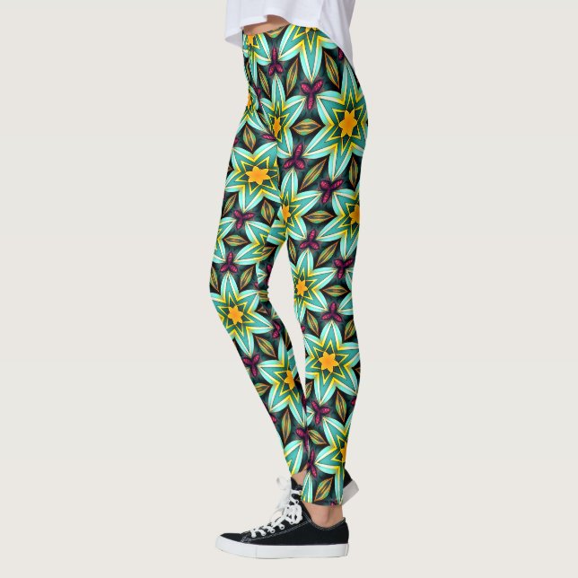 Green Stars Floral Pattern Leggings (Left)
