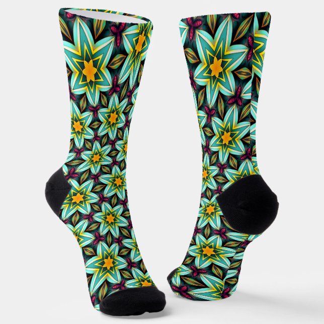 Green Stars Floral Pattern Socks (Angled)