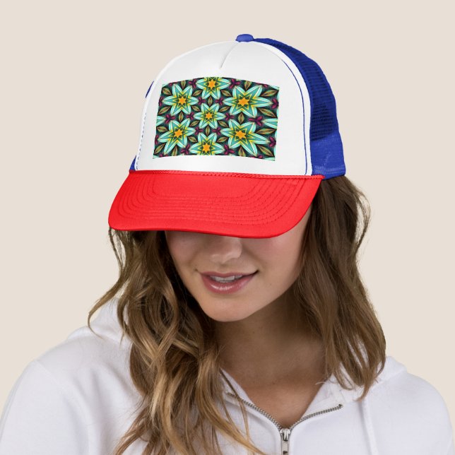 Green Stars Floral Pattern Trucker Hat (In Situ)