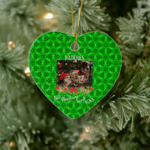 Green Stars Pattern Pet Photo Best Christmas Ever Ceramic Ornament