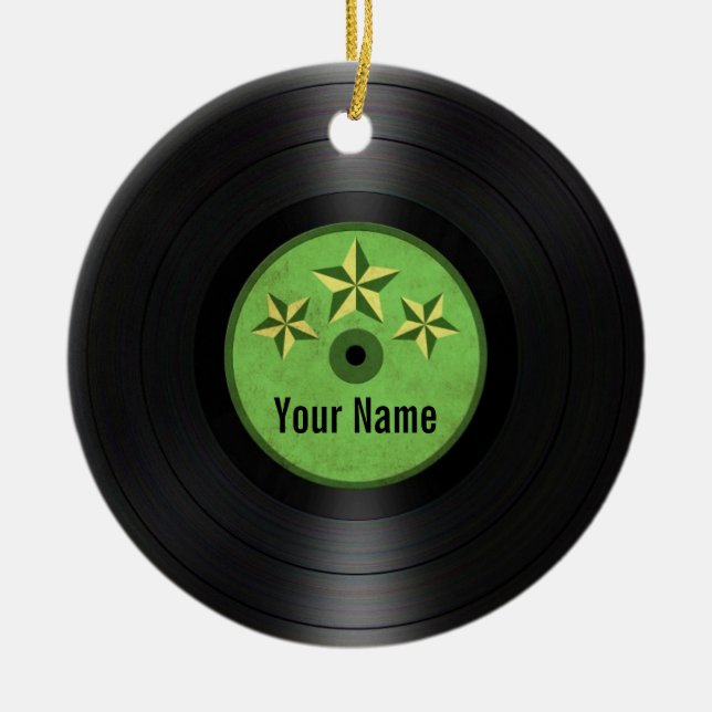 Green Stars Personalized Vinyl Record Album Ceramic Ornament (Front)