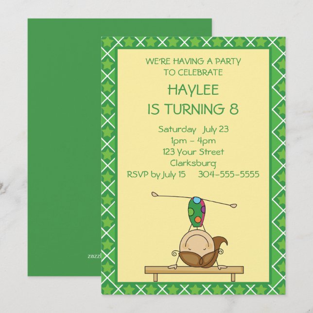 Green Stars Stick Figure Gymnastics Birthday Party Invitation (Front/Back)