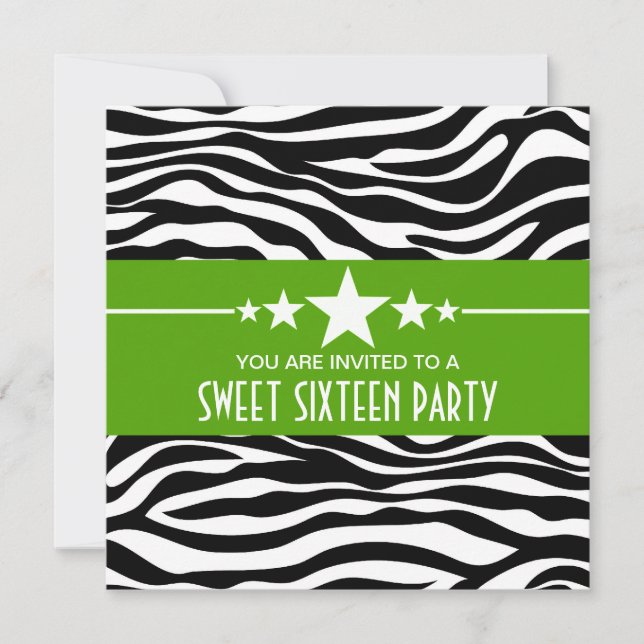 Green Stars Zebra Print Sweet 16 Invite (Front)
