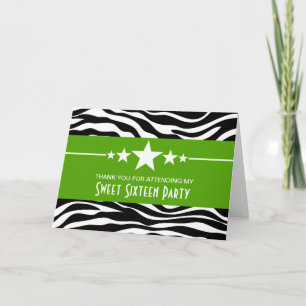 Green Stars Zebra Print Sweet 16 Thank You Card