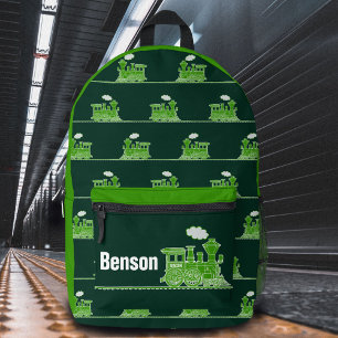 Green steam train kids named  printed backpack