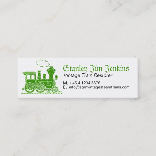 Green steam train restorer skinny business card (Front)