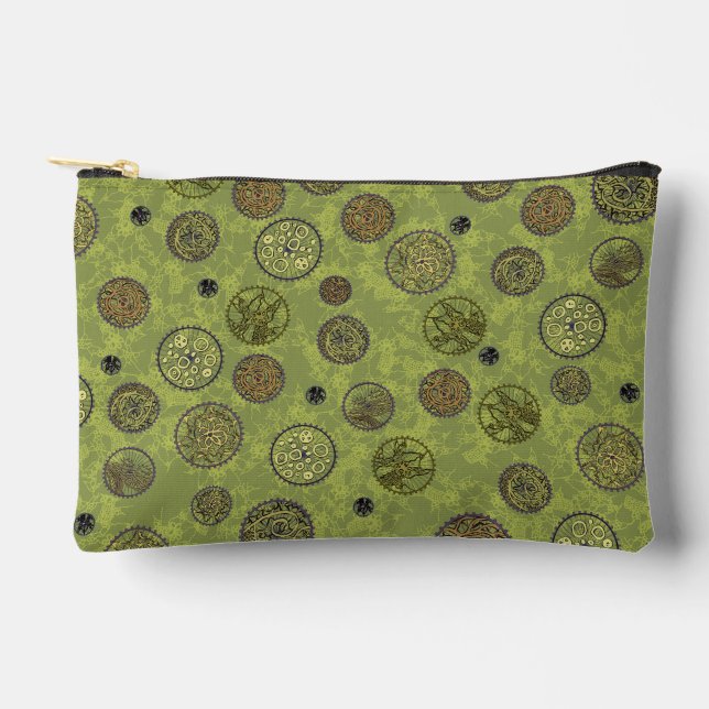 Green Steampunk Gear Medallions Accessory Pouch (Front)
