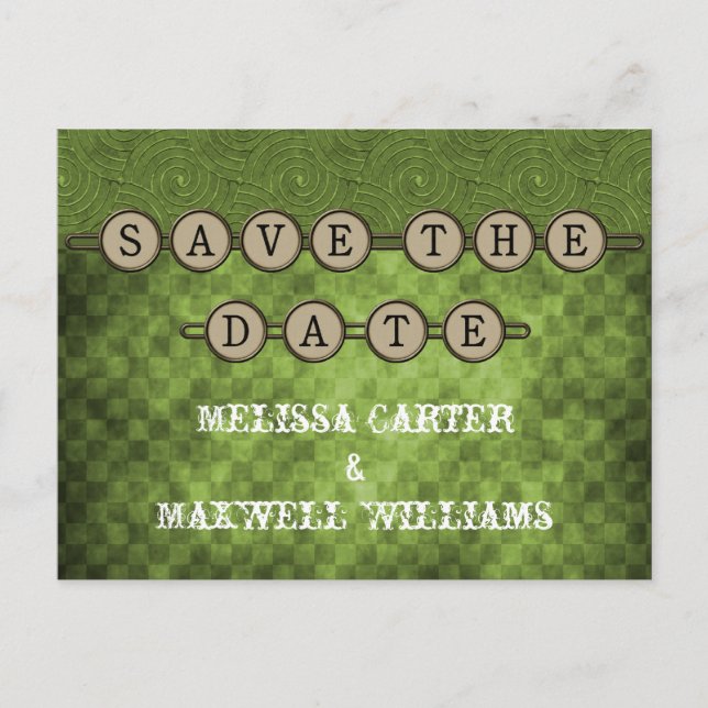 Green Steampunk Keys Save the Date Postcard (Front)