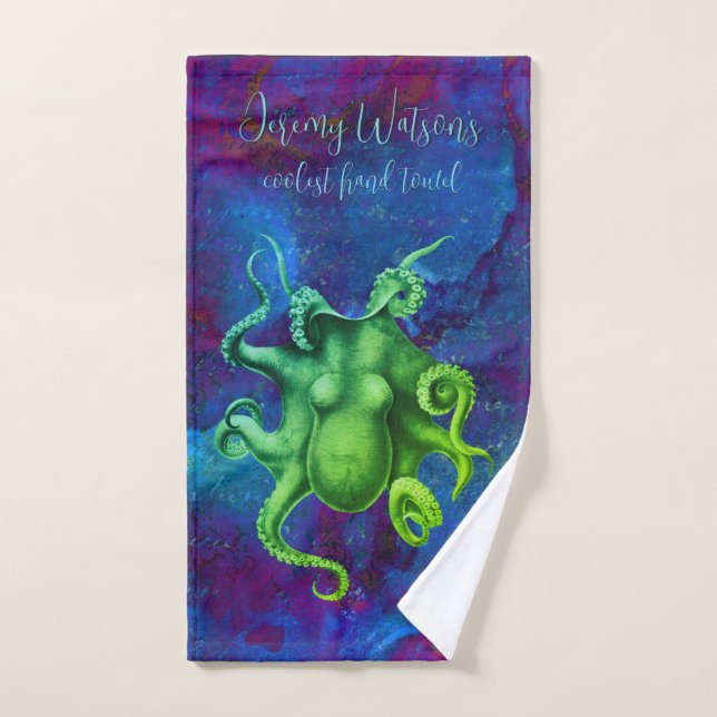 Green steampunk octopus on blue alcohol ink custom hand towel (Hand Towel)