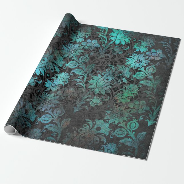 Green Stencil Flowers on Charcoal Wrapping Paper (Unrolled)