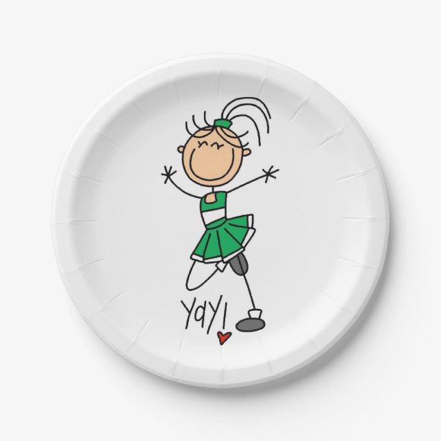 Green Stick Figure Cheerleader Paper Plate (Front)