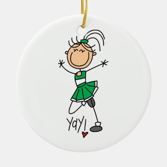 Green Stick Figure Cheerleader t-shirts and Gifts Ceramic Ornament (Front)