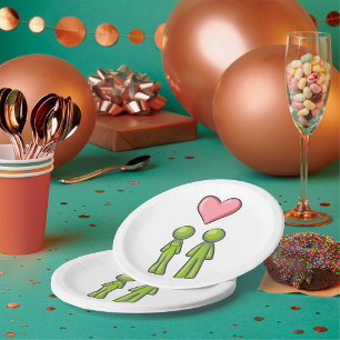 Green Stick Figure Couple Pink Heart Love Paper Plate