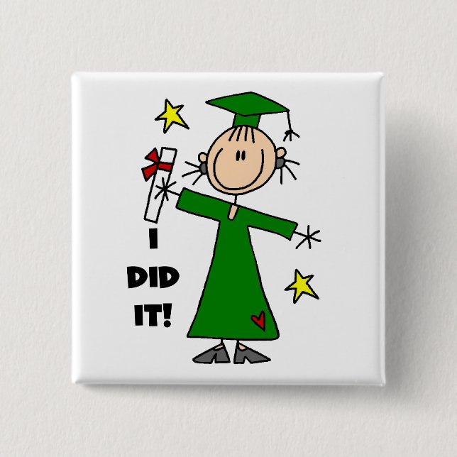 Green Stick Figure Girl Graduate 2 Inch Square Button (Front)