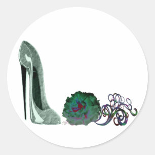 Green stiletto shoe and rose art classic round sticker