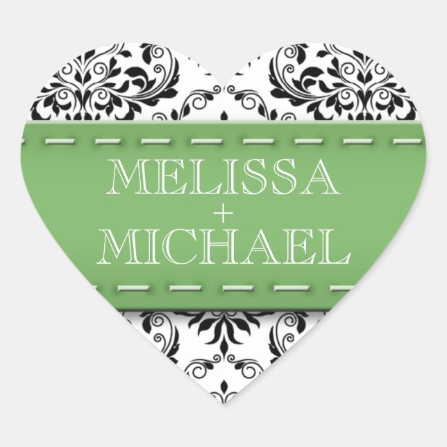 Green Stitched Damask Wedding Heart Envelope Seals (Front)
