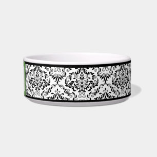 Green Stitched Label Design Damask Cat Bowl