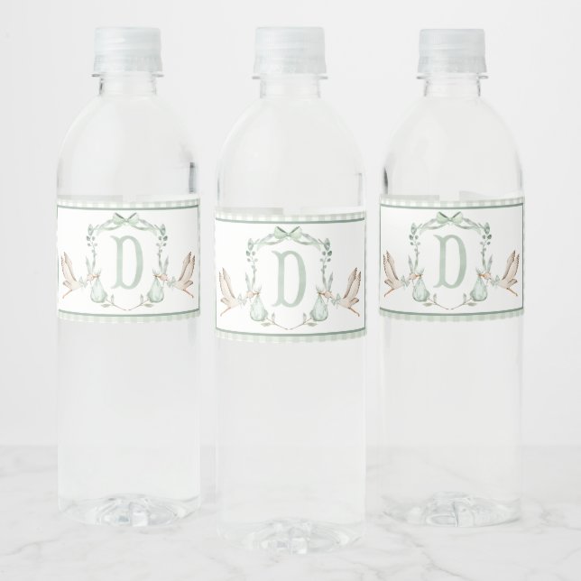 Green Stork Baby Shower Water Bottle Labels (Bottles)
