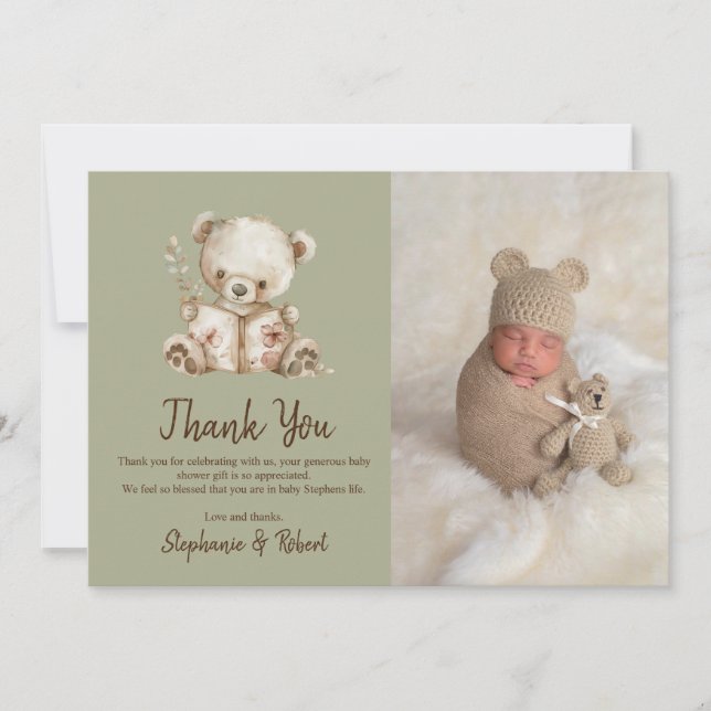 Green Storybook Bear Photo Baby Shower Thank You (Front)
